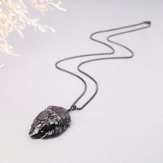 COAI Pendente Uomo In Ossidiana Nera Con Incisione Leone, Collana Con Cordino Regolabile, Cristallo Curativo - 3
