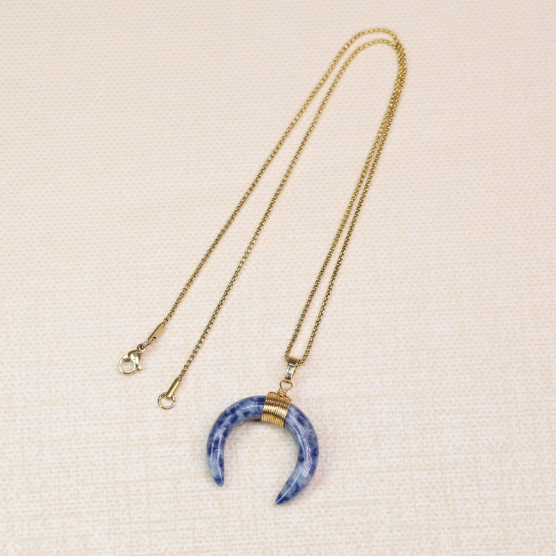 Collier Pendentif Double Corne En Pierre Naturelle - Agate, Améthyste... - Chaîne Acier Inoxydable Plaqué Or 55 Cm