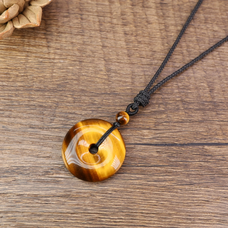 Collier Pendentif En Pyrite - Pierre Ronde Type "donut" 20mm - Monture Dorée - Fait Main En France