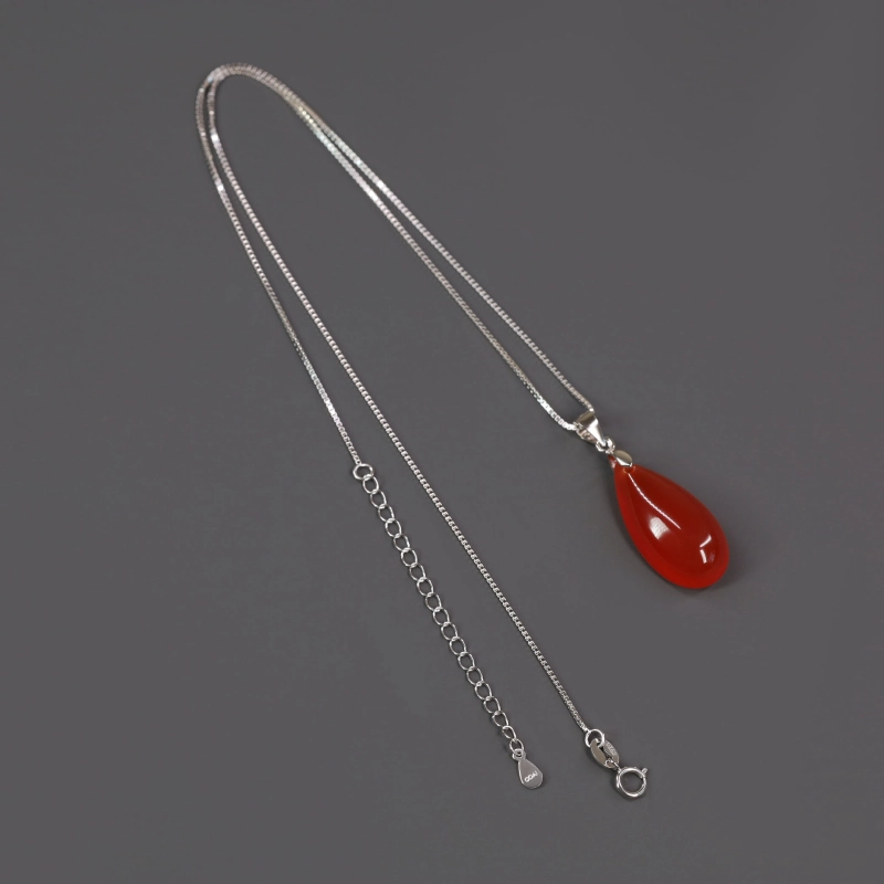 Collier Argent 925 - Pendentif Goutte D'eau En Agate Rouge - Longueur 41-45 Cm - NEUF Avec Pochette