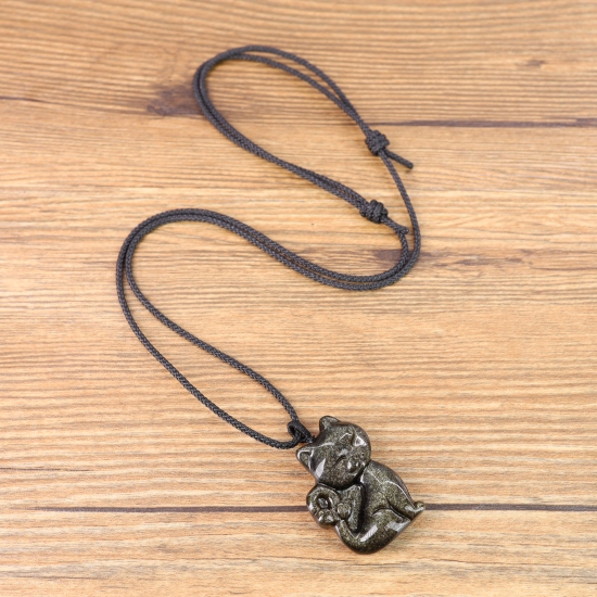 Collier Pendentif Chat En Obsidienne Noire Et Cristal - Chaîne Réglable 60 Cm, Argent Plaqué - Neuf Avec étiquettes