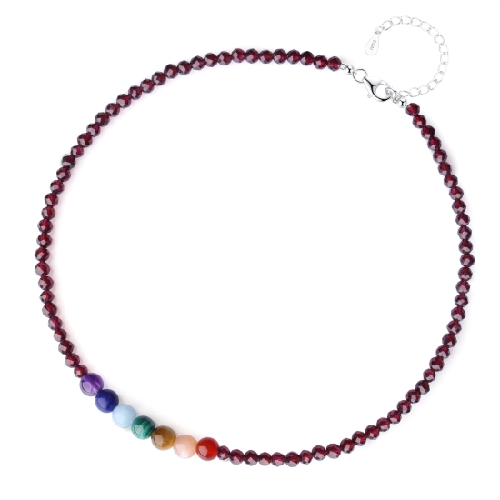 Bracelet Femme Perles Grenat Et Trèfle 4 Feuilles Argent 925 - 2 Tours, Taille Réglable 14-16,5 Cm, Pierres 5 Mm