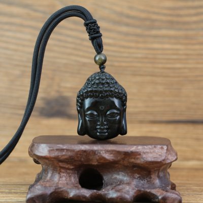 pendentif tête de bouddha en obsidienne noire