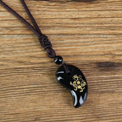 pendentif dragon azur en obsidienne noire