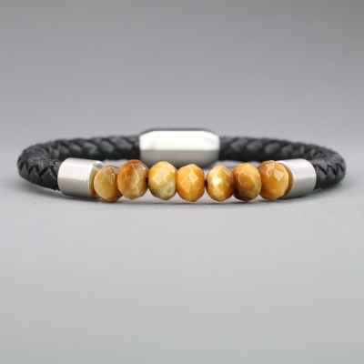 bracciale da uomo in pelle e pietre sfaccettate di occhio di tigre dorato