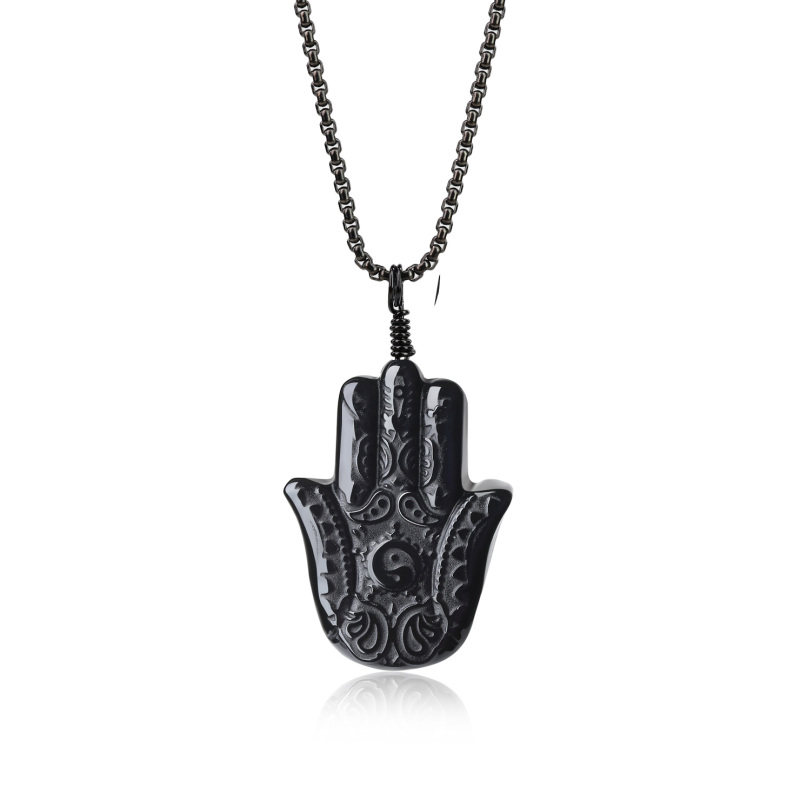 COAI Healing Black Obsidian Stone Hamsa Hand Pendant Necklace