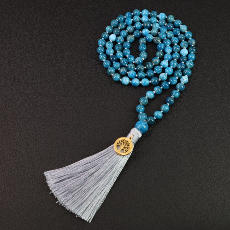 ネックレス 数珠 ※希少なモノにて早い者勝ち✨ COAI-108玉-アパタイト-生命の樹-フリンジ-編み結び