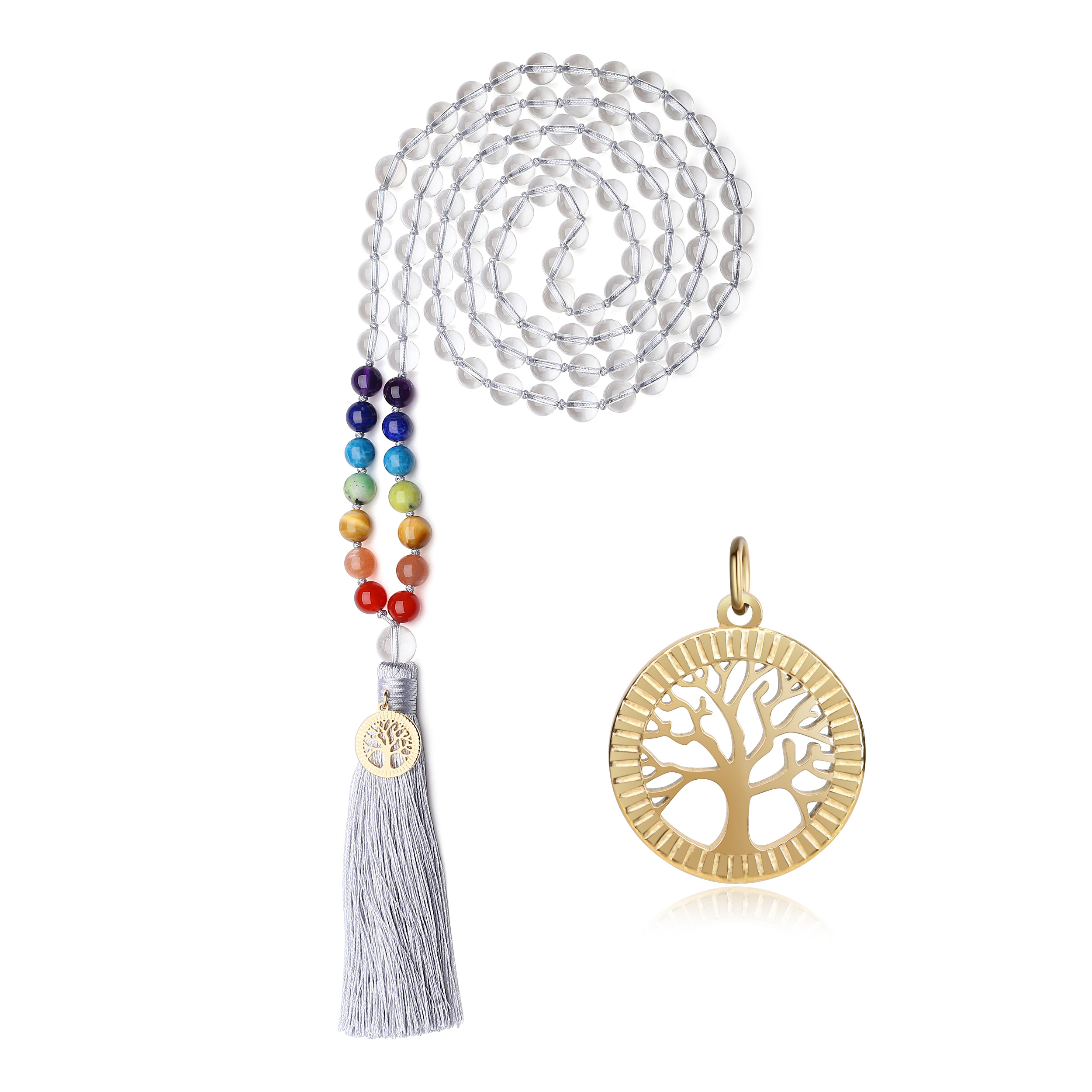 COAI-108玉-水晶-生命の樹-チャクラ-フリンジ-編み結び-数珠ネックレス